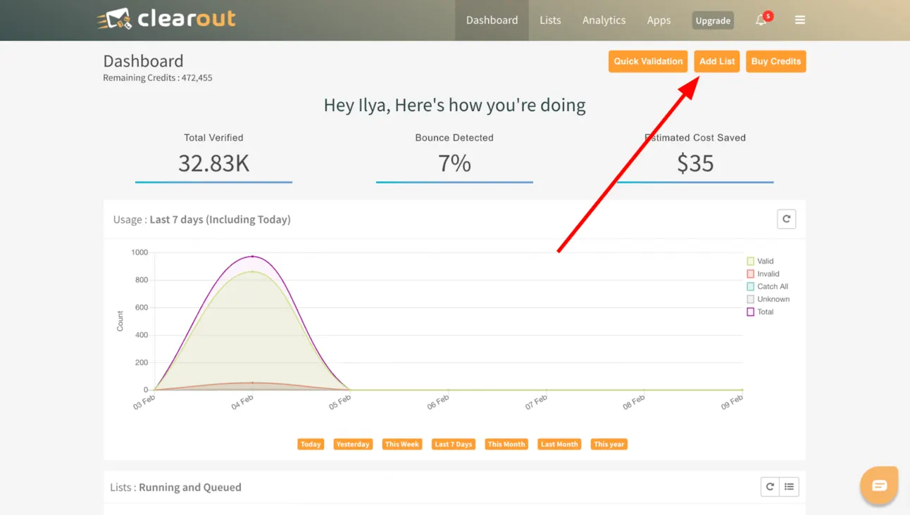 Clearout dashboard with an arrow pointing to the Add List button