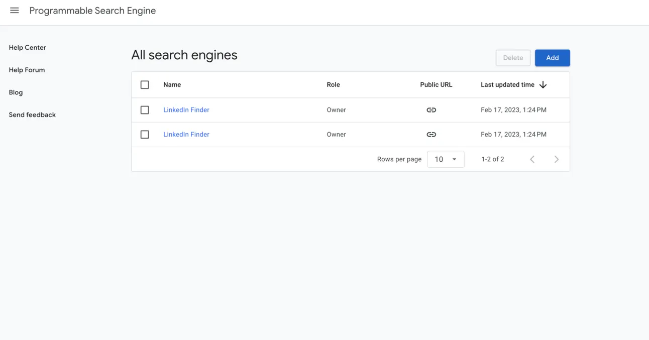 Programmable Search Engine list of all search engines, with the Add button in the top right