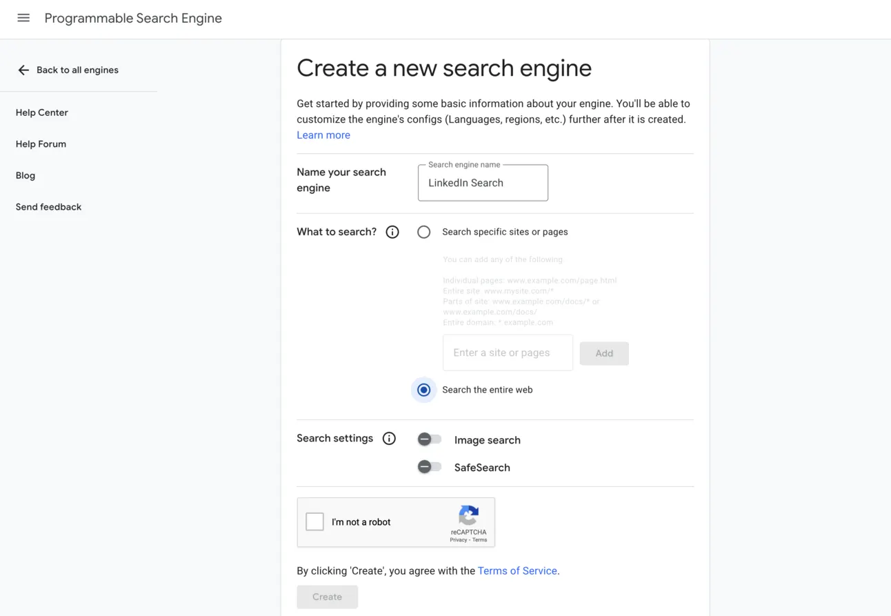 Create a new search engine form named LinkedIn Search, set to search the entire web, with the reCAPTCHA check