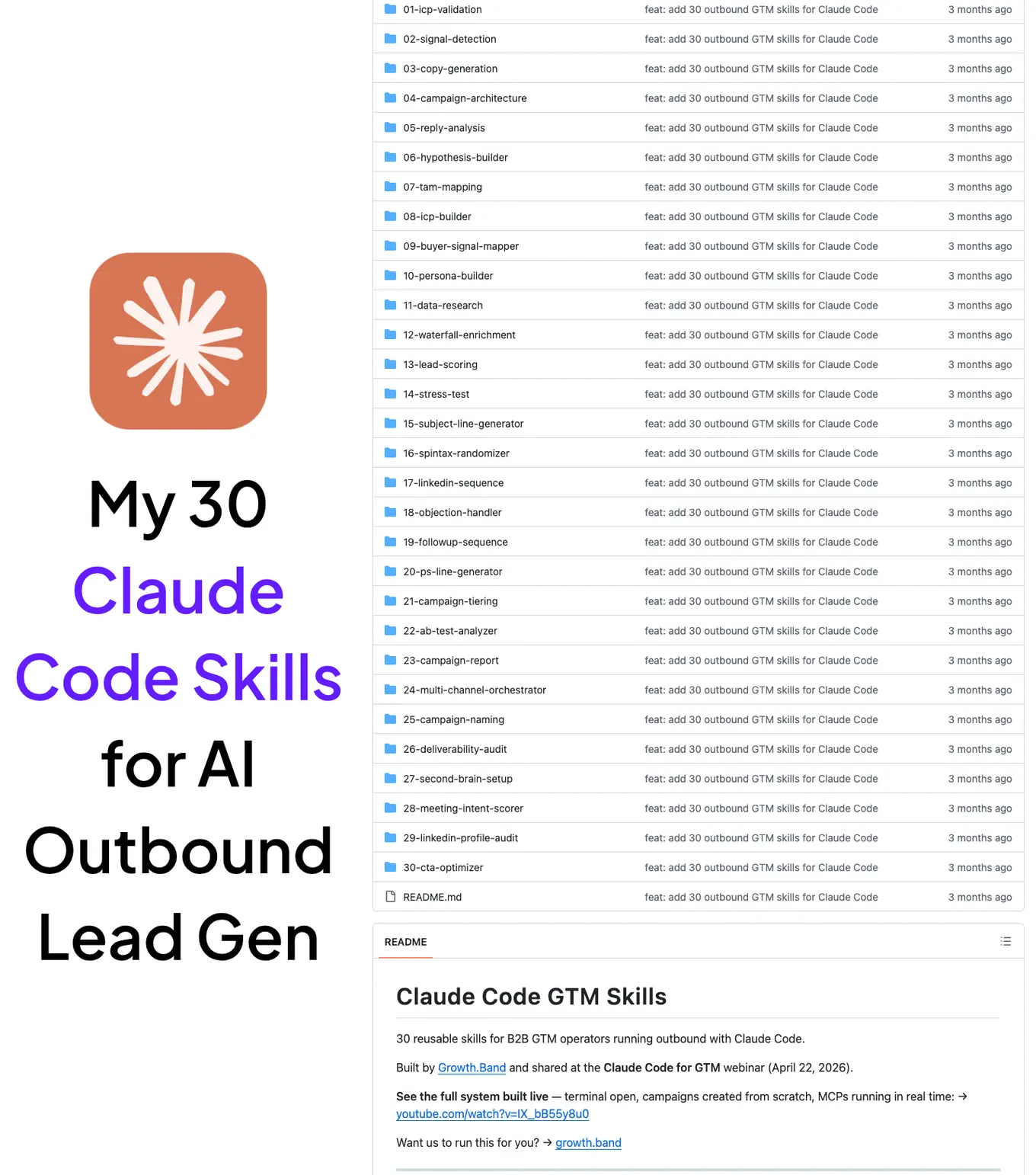 GitHub repository of 30 Claude Code skills for AI outbound lead gen, from ICP validation to CTA optimizer