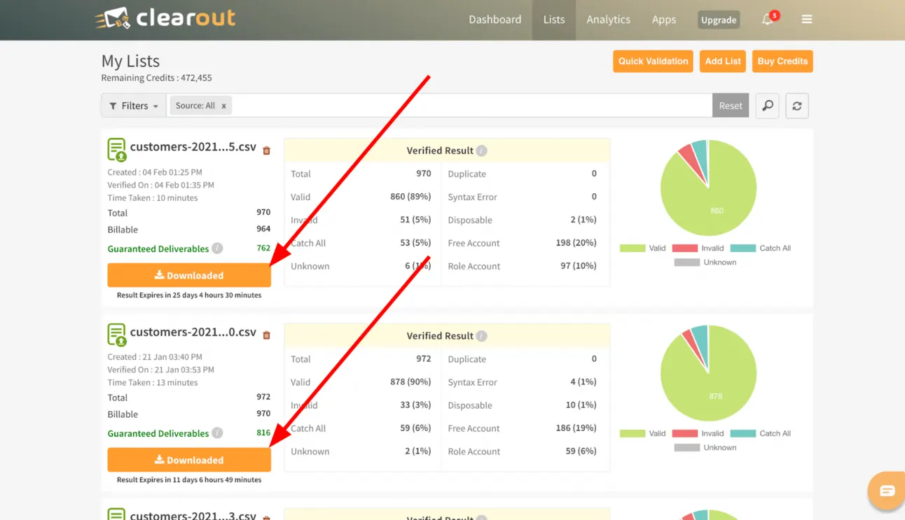 Clearout lists with the verified results of two uploaded CSV files and the download button for guaranteed deliverables