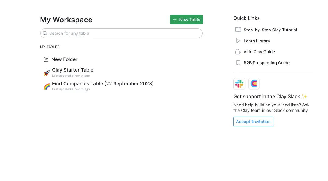 Clay workspace with the New Table button and a list of tables