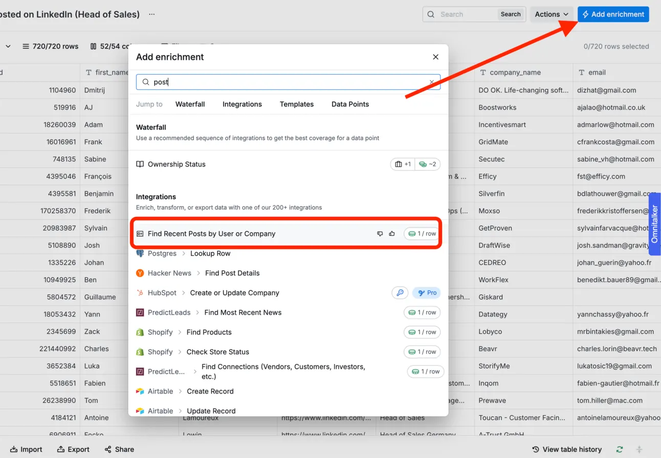 Clay Add enrichment search for post, with Find Recent Posts by User or Company highlighted