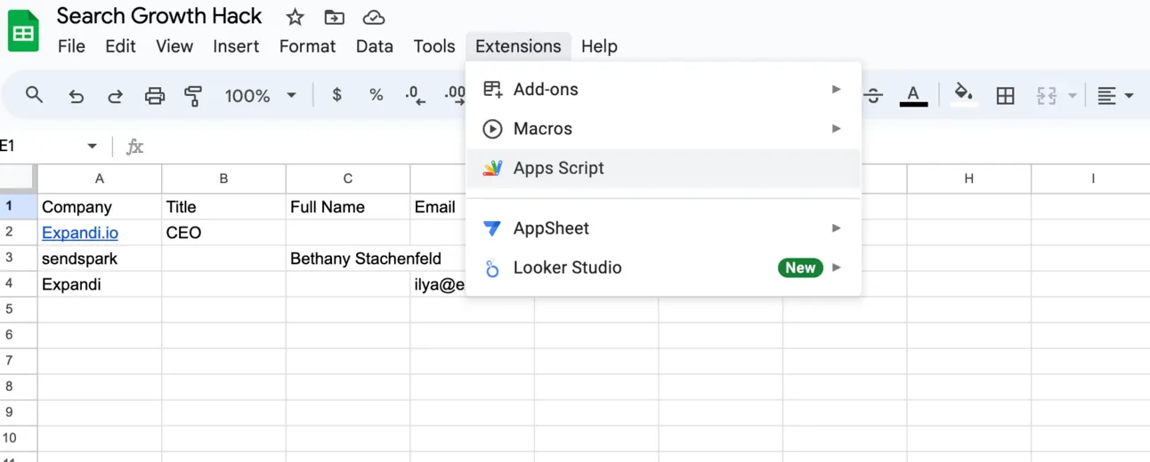 Google Sheets Extensions menu open with Apps Script highlighted