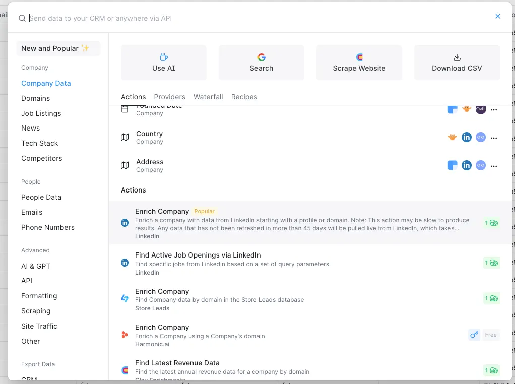 Clay enrichment menu with the Enrich Company action that pulls company data from LinkedIn