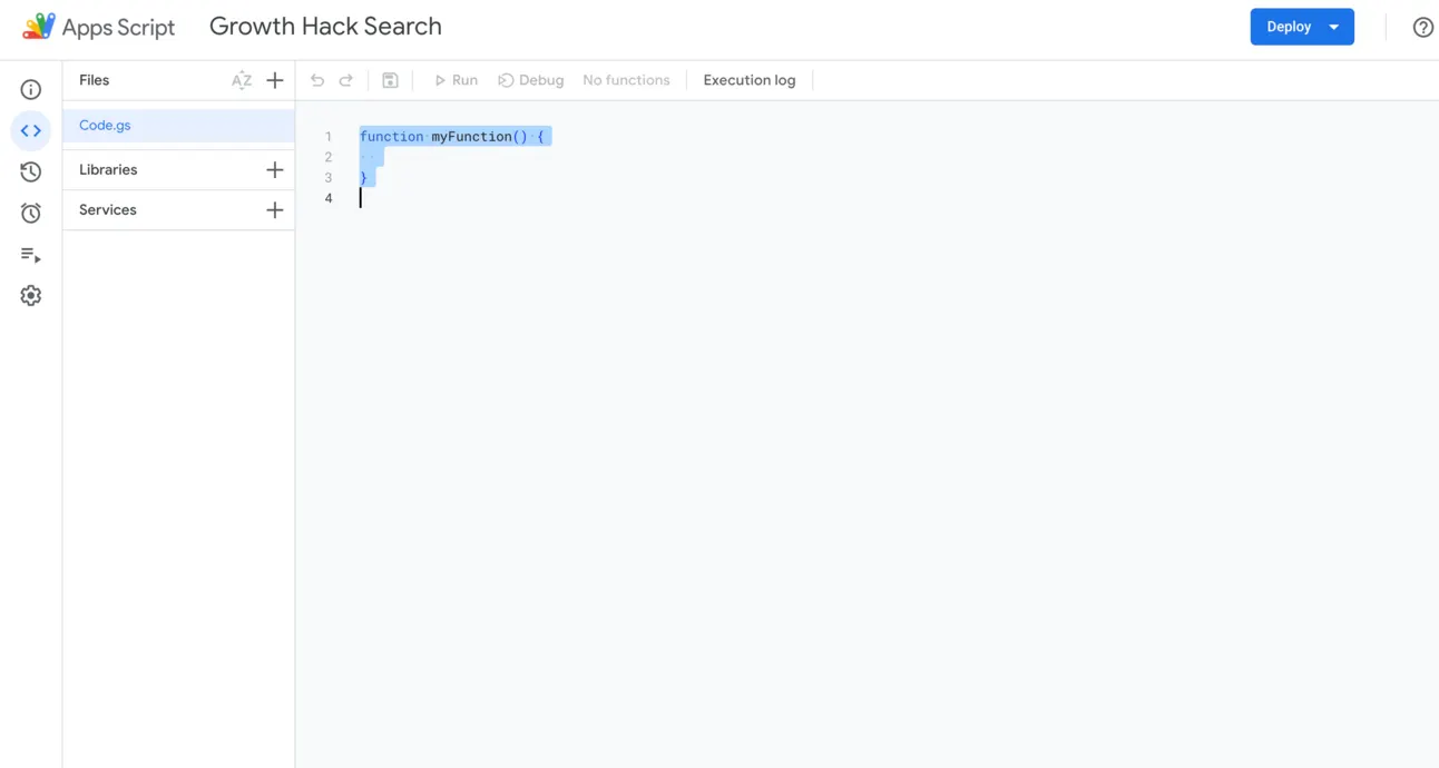 A new Apps Script project with the default myFunction code selected, ready to be deleted