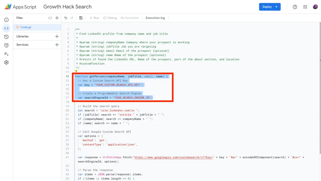 The getPerson script in Apps Script, with the API key and Search Engine ID placeholders highlighted