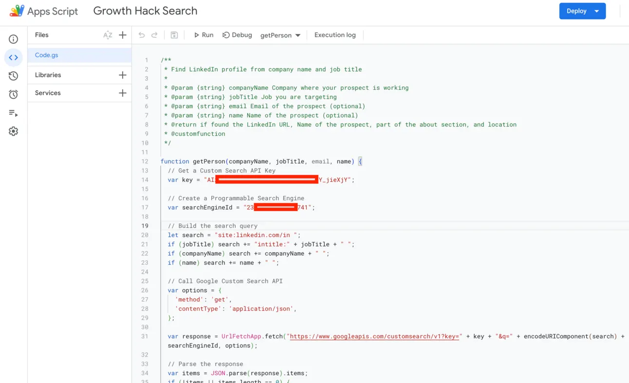 The getPerson script in Apps Script with a real API key and Search Engine ID filled in and partly redacted