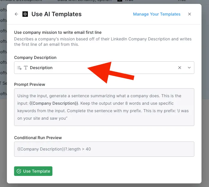 Clay Use AI template that writes an email first line from the company's LinkedIn description