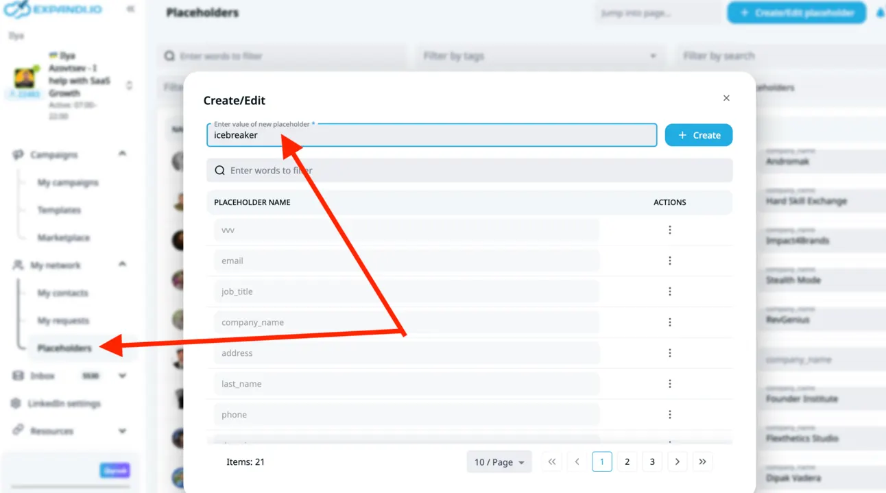Expandi Placeholders page with the Create placeholder dialog, creating one named icebreaker