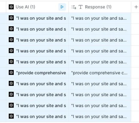 Clay column of AI-written icebreakers starting with 'I was on your site and saw you'