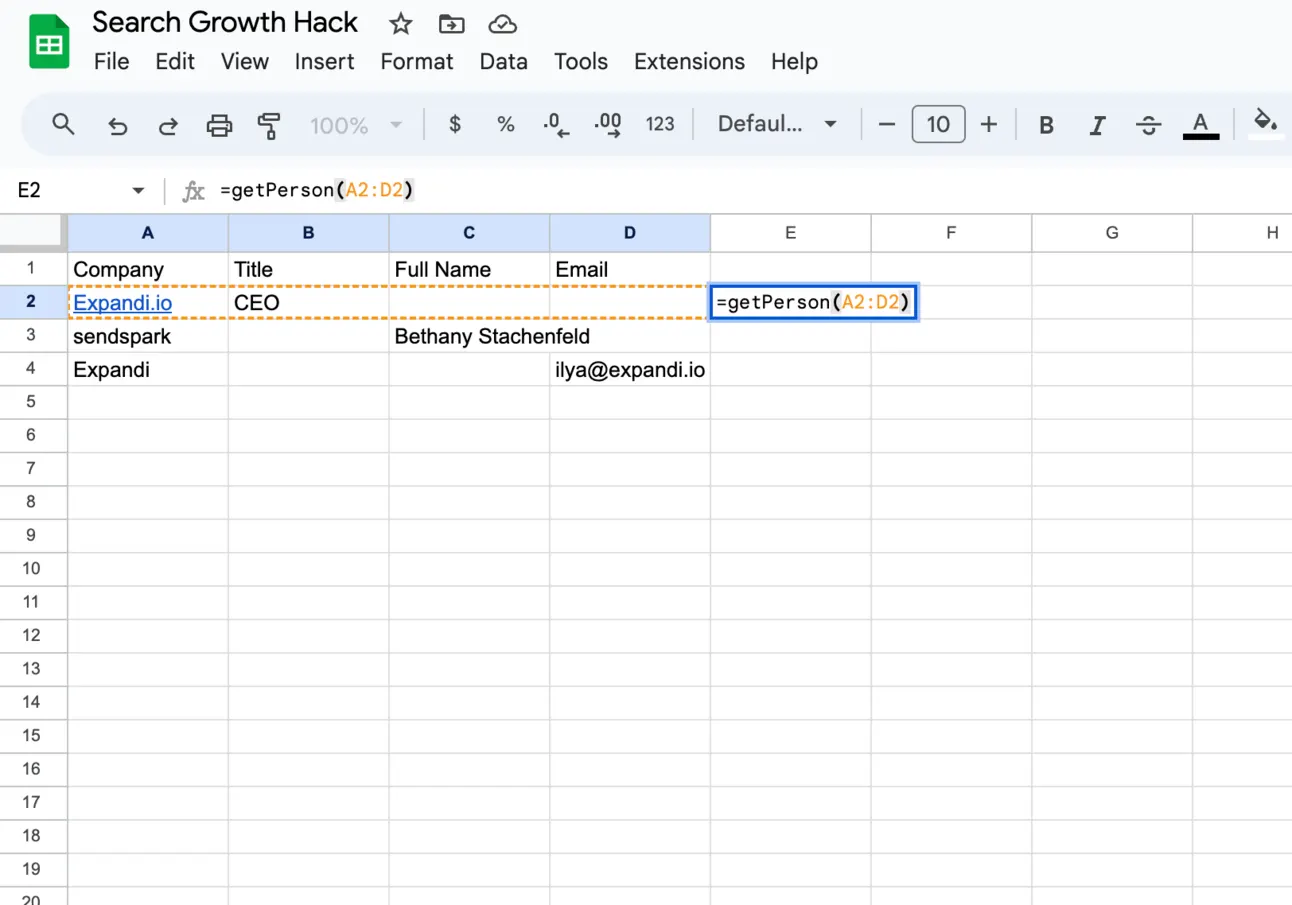 Google Sheet with =getPerson(A2:D2) typed next to a row holding Expandi.io as the company and CEO as the title