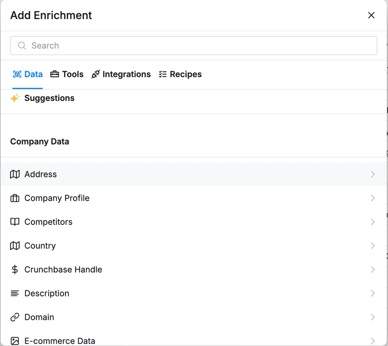 Clay Add Enrichment menu listing company data such as address, competitors, Crunchbase handle and description