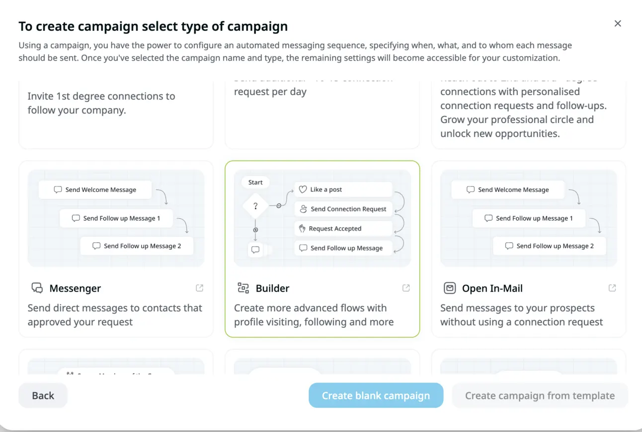 Expandi campaign type picker with the Builder campaign selected