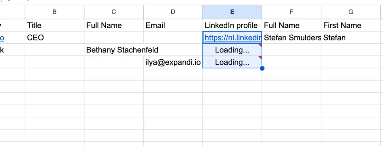 The getPerson formula dragged down to the next rows, which show Loading while the lookups run