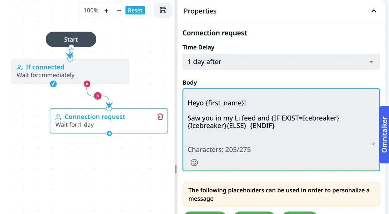 Expandi builder: if not connected, send a connection request whose note inserts the icebreaker placeholder