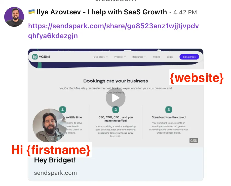 Sendspark video in a LinkedIn message with the prospect's website in the background and a greeting by first name