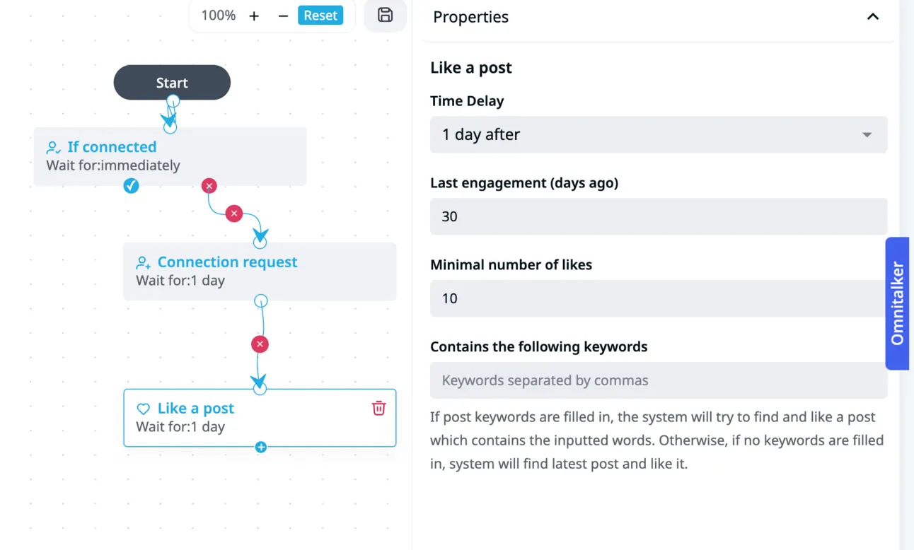 Expandi builder flow with a Like a post step added after the connection request, liking a post from the last 30 days