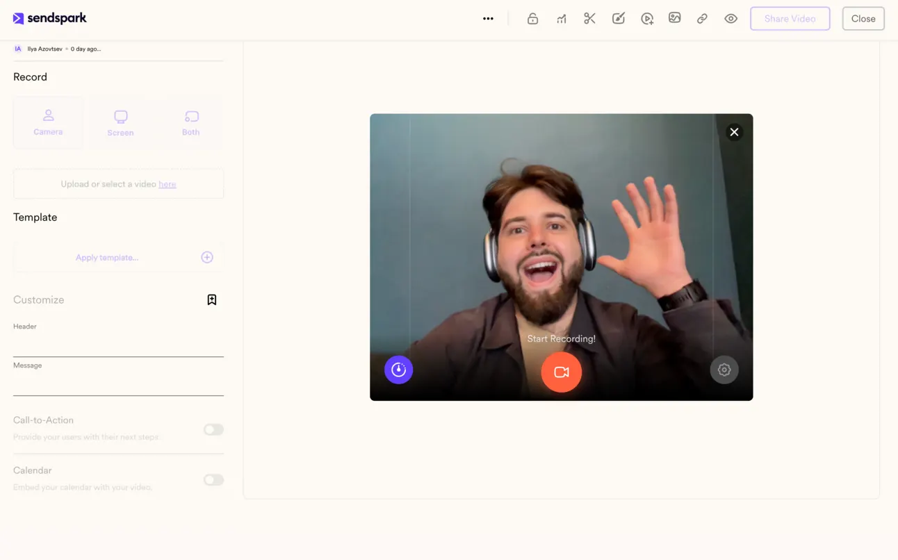 Sendspark recording screen with the camera on, ready to record a personalised video