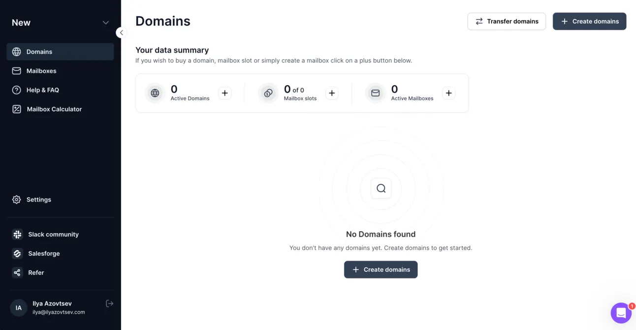 Mailforge Domains page with no domains yet and a Create domains button