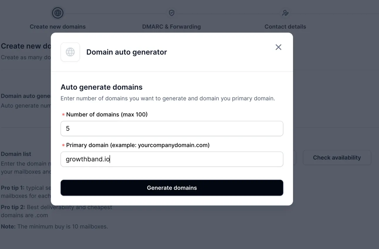 Mailforge domain auto generator asking for the number of domains and the primary domain