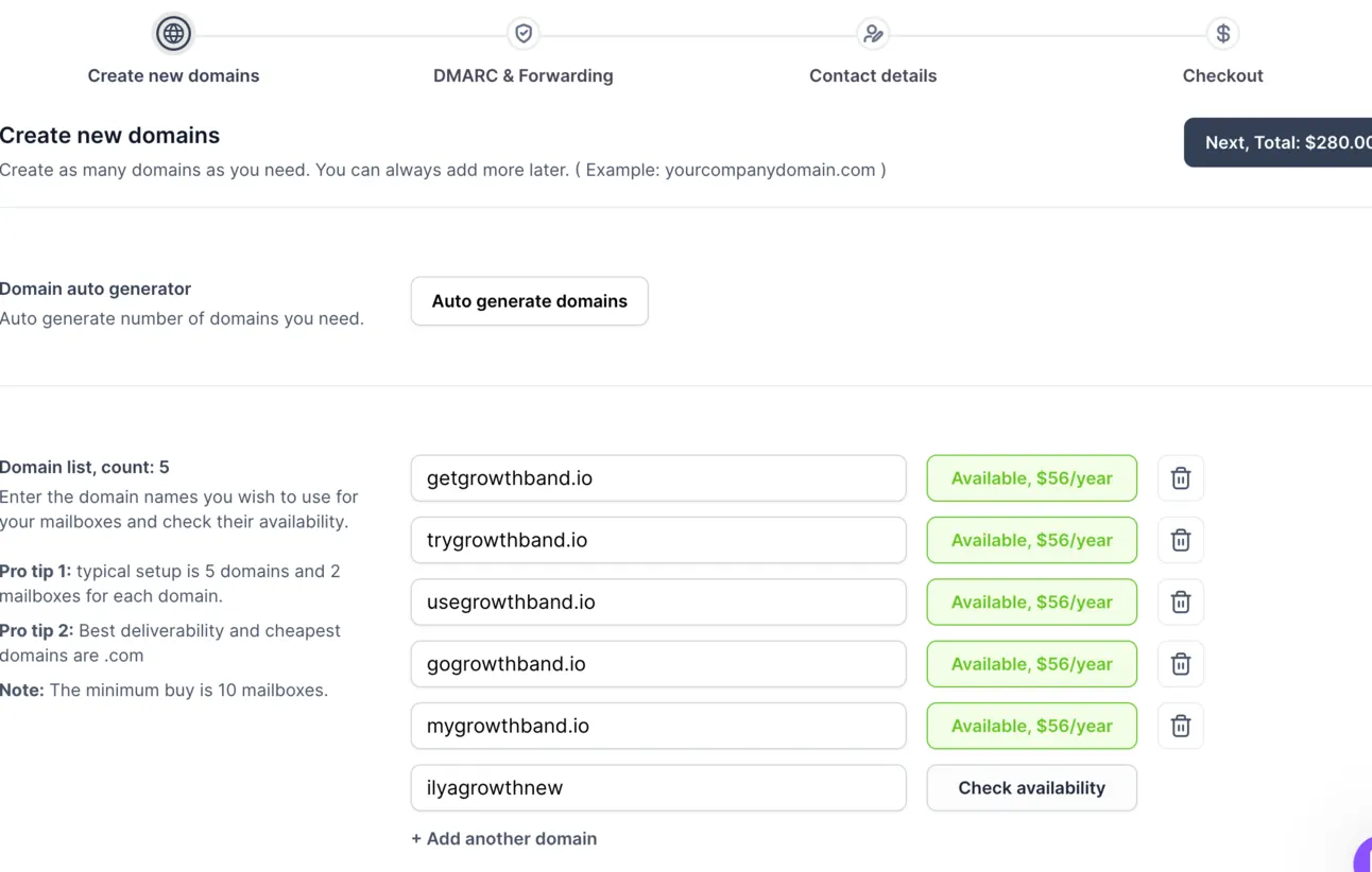 Mailforge list of five generated lookalike domains, each available for $56 a year