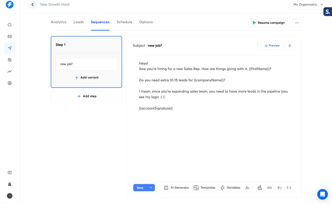 Instantly sequence editor with a one-step email asking a company that is hiring a sales rep whether it needs more leads