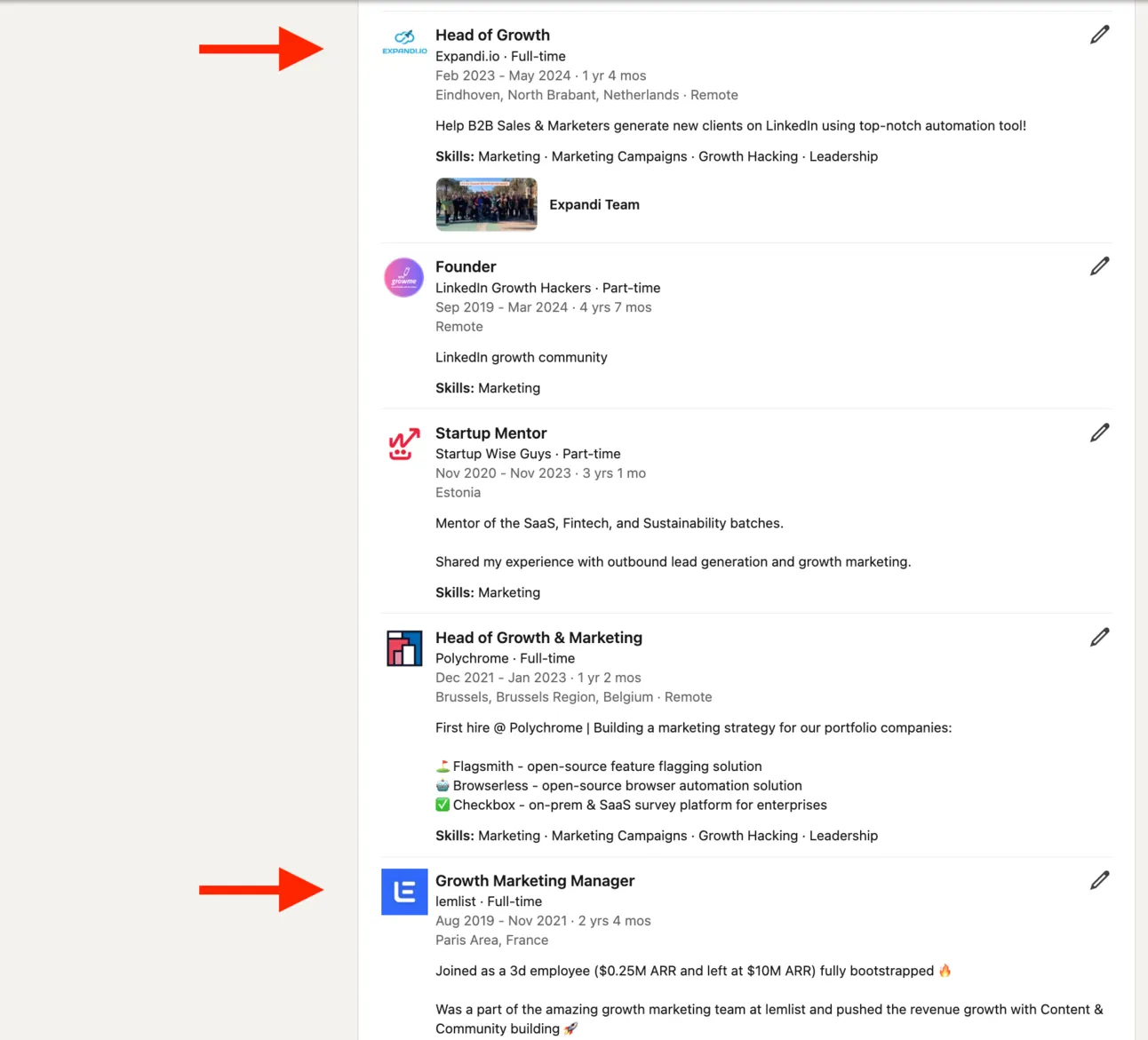 Ilya Azovtsev's LinkedIn experience with his roles as Head of Growth at Expandi and Growth Marketing Manager at lemlist