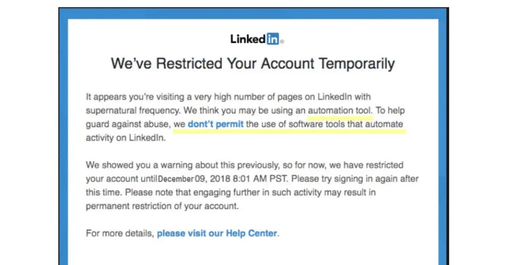 LinkedIn notice that an account was temporarily restricted for using an automation tool