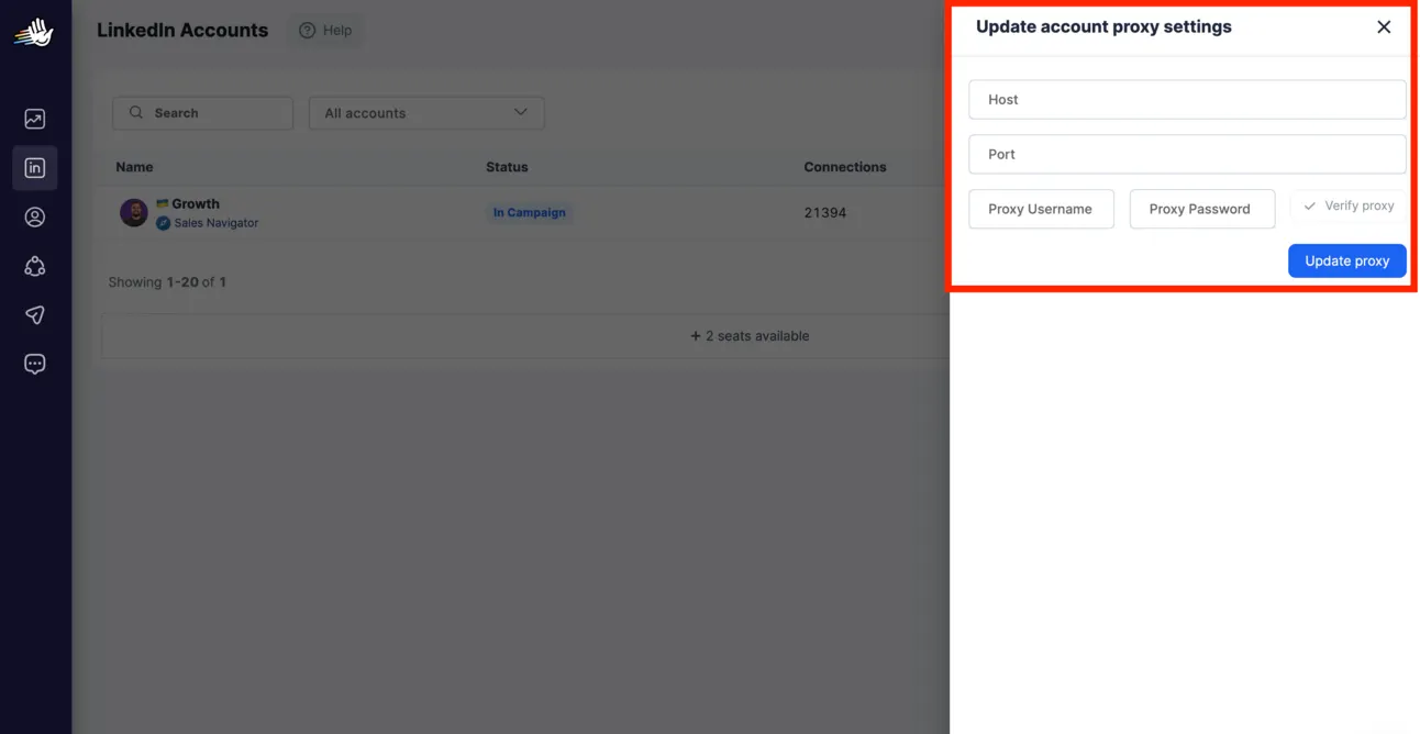 HeyReach LinkedIn accounts page with the proxy host, port and credentials form highlighted
