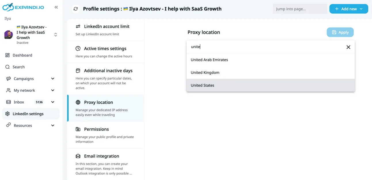 Expandi profile settings with the proxy location set to United States