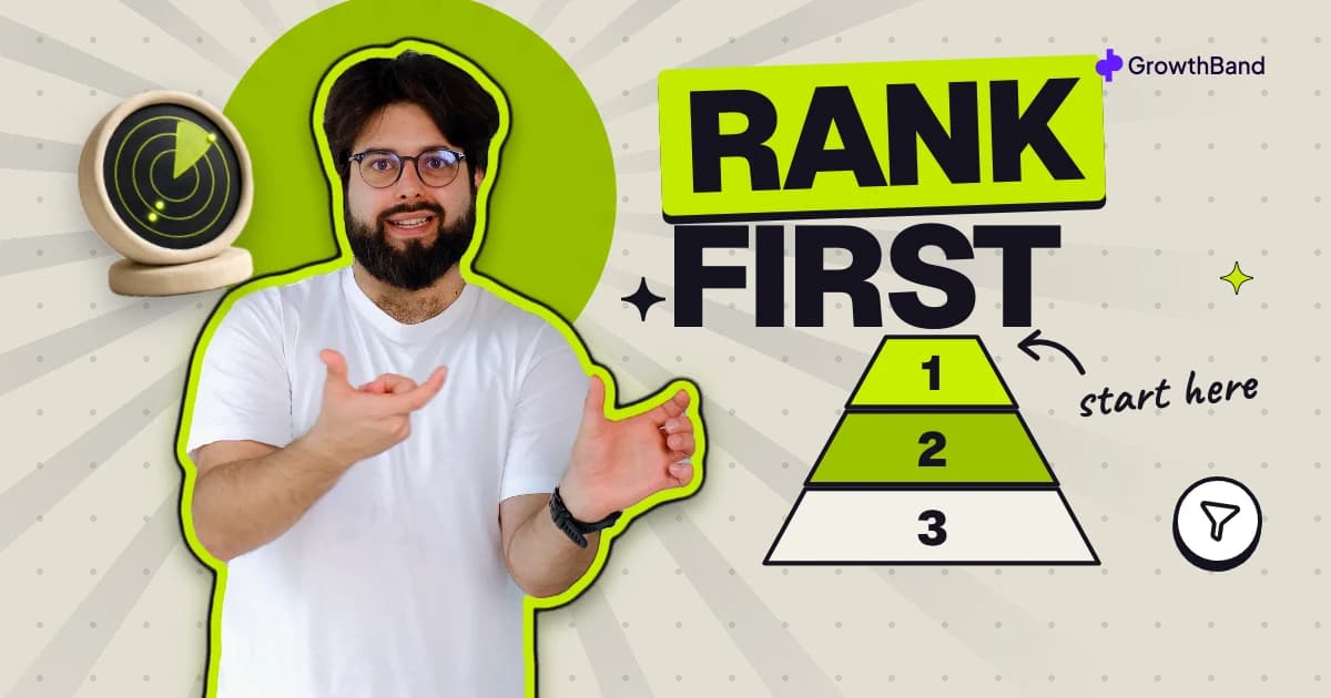Ilya presenting a three-tier pyramid with a start here note under the words Rank first, next to a clay radar.