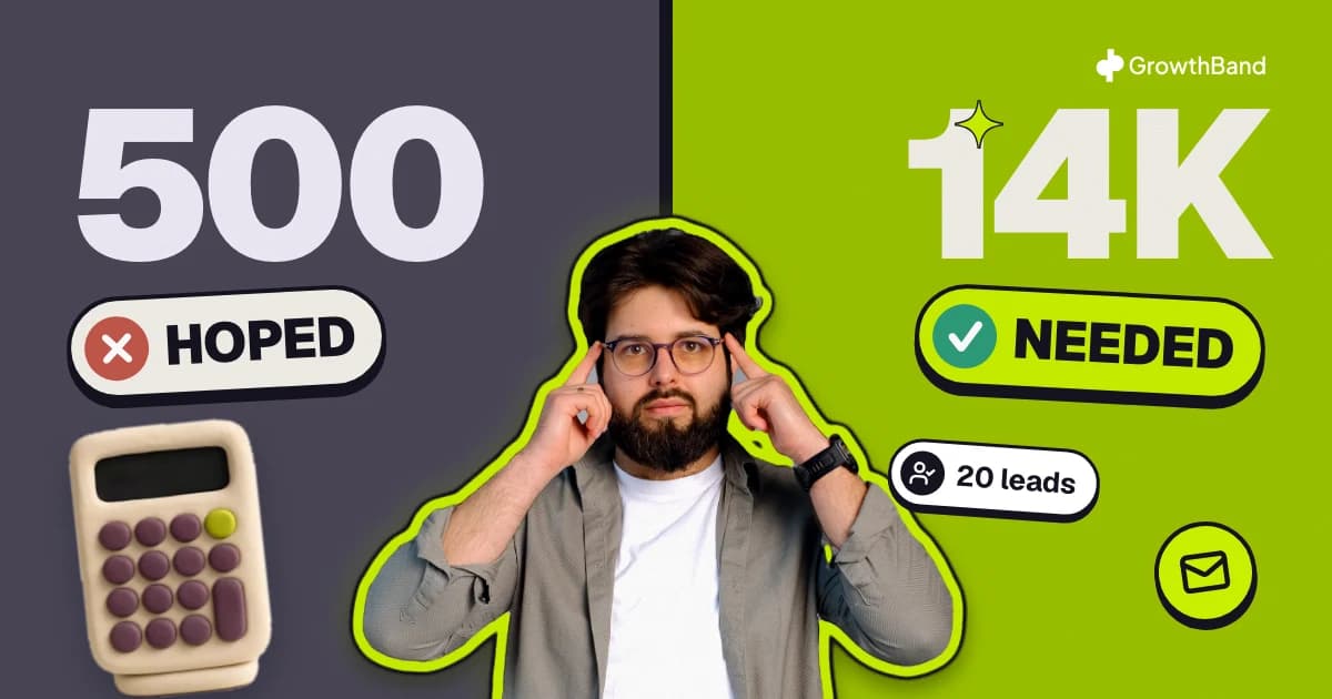 Ilya Azovtsev thinking on a split background: 500 emails hoped, crossed out, against 14K needed, ticked, with a clay calculator and a 20 leads tag.