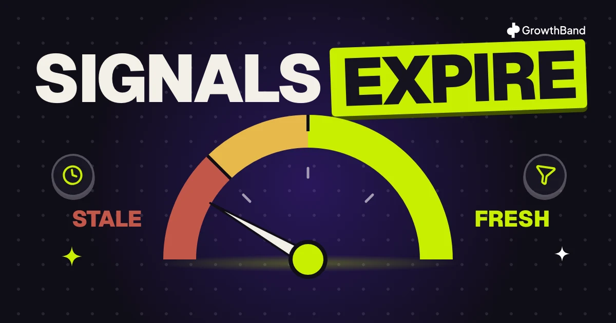 The words signals expire over a gauge whose needle points to stale rather than fresh, on a dark background.